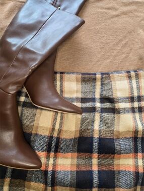 Plaid Mini Skirt Neutral Tan Navy Orange A-Line Fall Wool Blend Style Medium